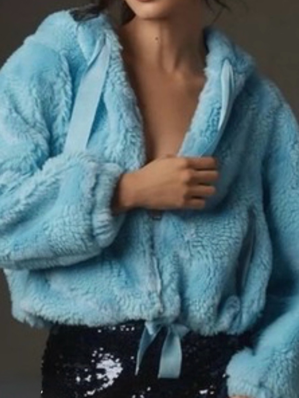 Anthropologie Sky Blue Faux Sherpa Hooded Puffer Jacket